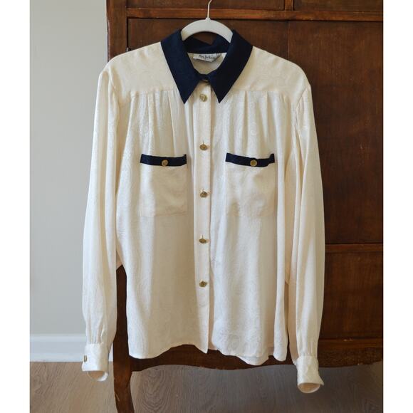 Vintage Ivory and Navy Blouse with Gold Buttons - Picture 1 of 6